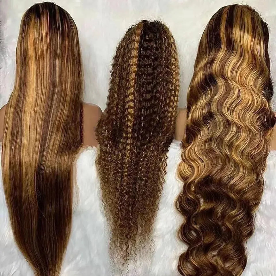 Front lace wig with big black waves, shown in medium curly and straight styles.