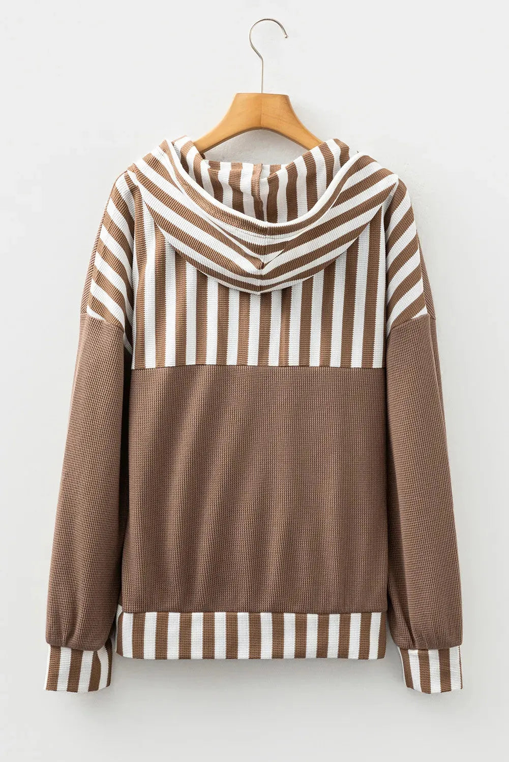 Straw yellow hoodie with waffle texture stripes and patchwork design featuring button neck and drawstring hood