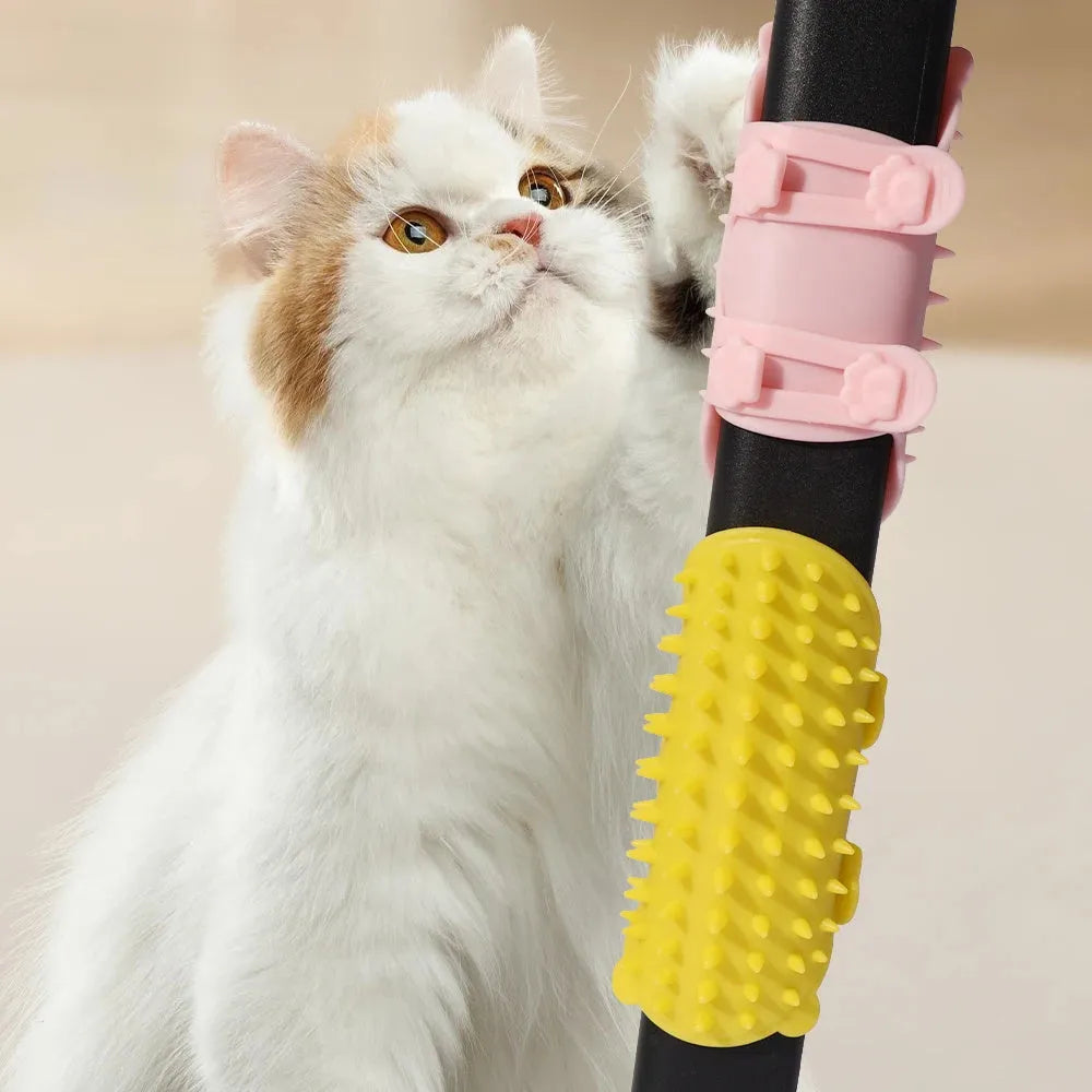 Silicone cat grooming comb with rounded teeth and adjustable strap in chosen colour