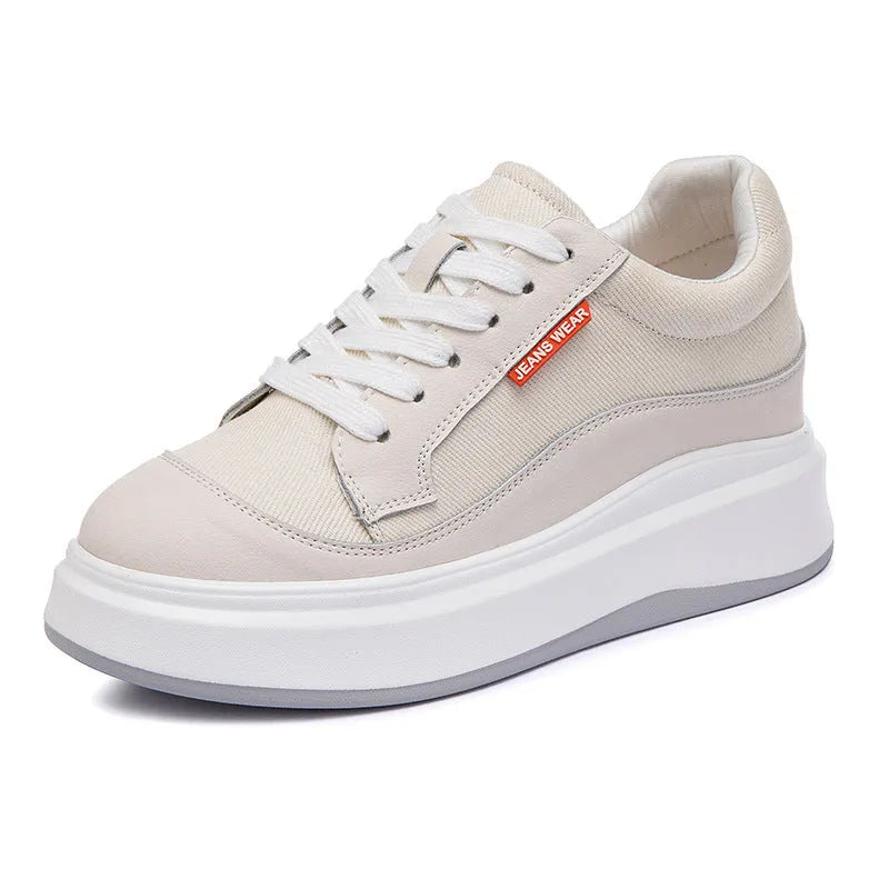 Women's thick-soled leather board shoes in beige and pink colours with cowhide upper