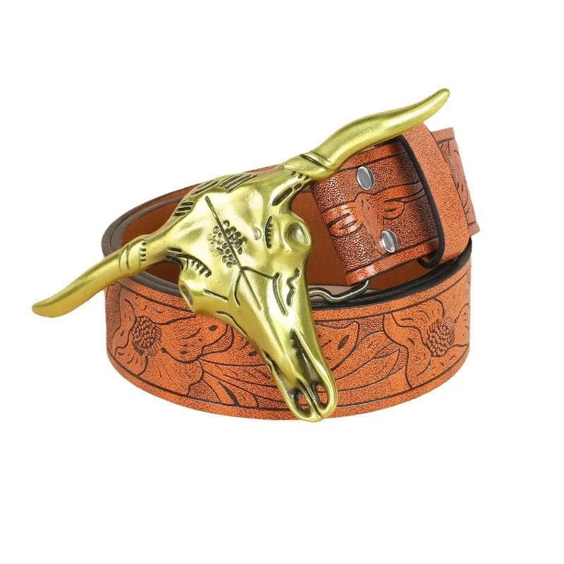 Men's brown imitation leather belt with detailed cow head alloy buckle showing electroplating and carving treatments