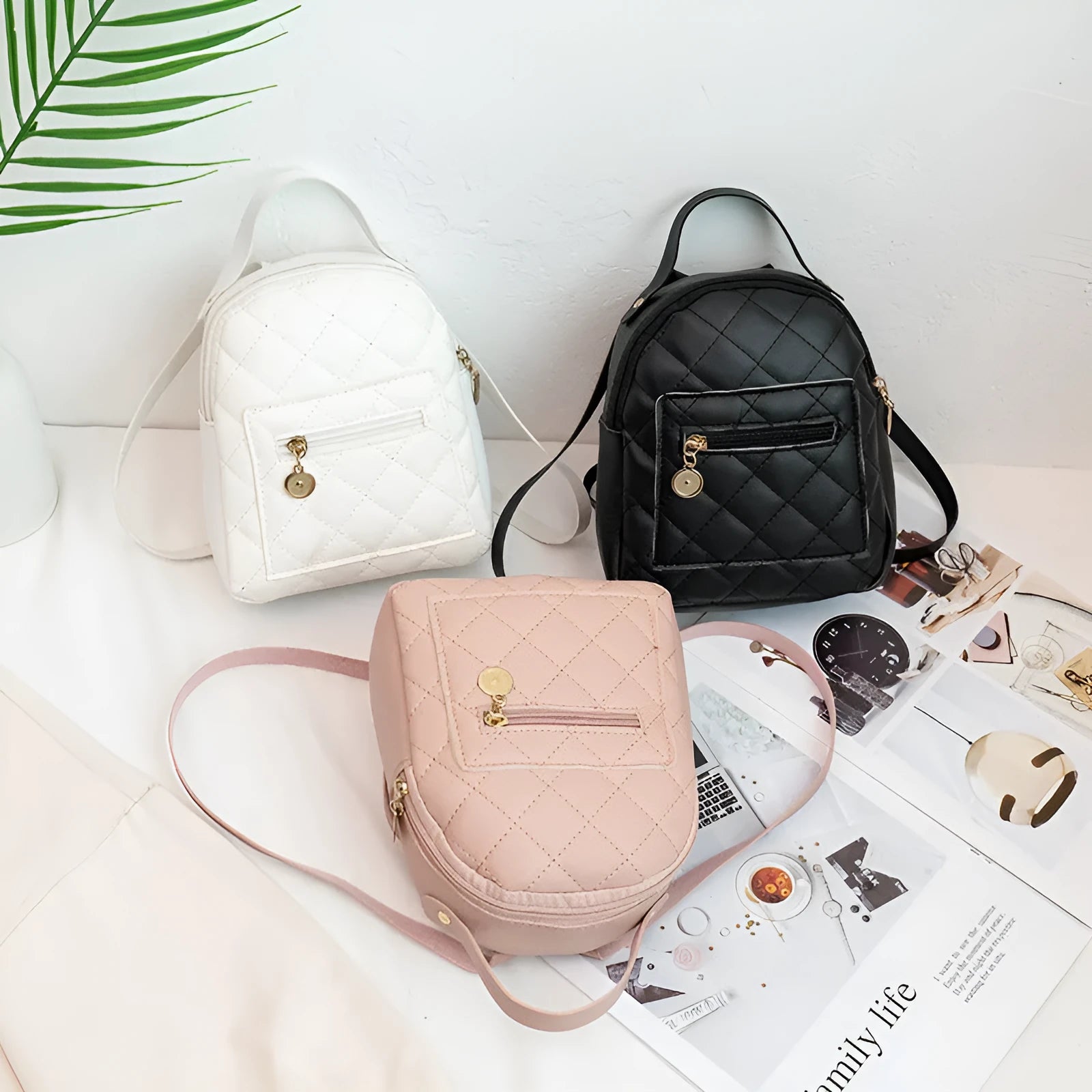 Korean style embroidered hard case backpack for girls in black, pink or white colours