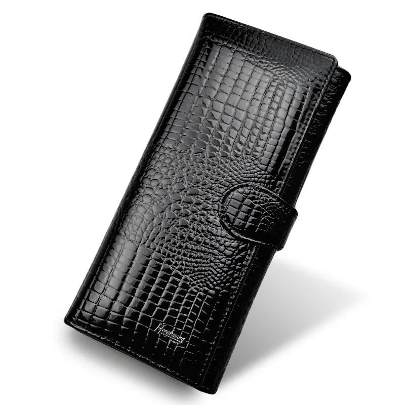 Women's leather coin purse with crocodile pattern texture in wine red, black, or red colours
