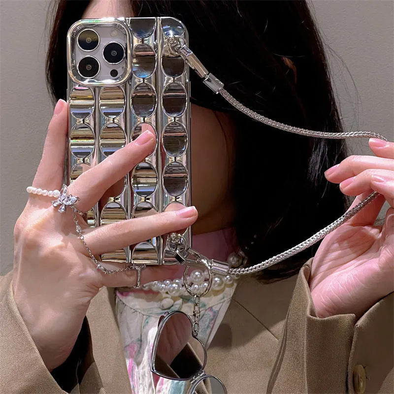Electroplated silver heart mirror silicone phone case for iPhone 11 to 15 Pro Max with fall protection