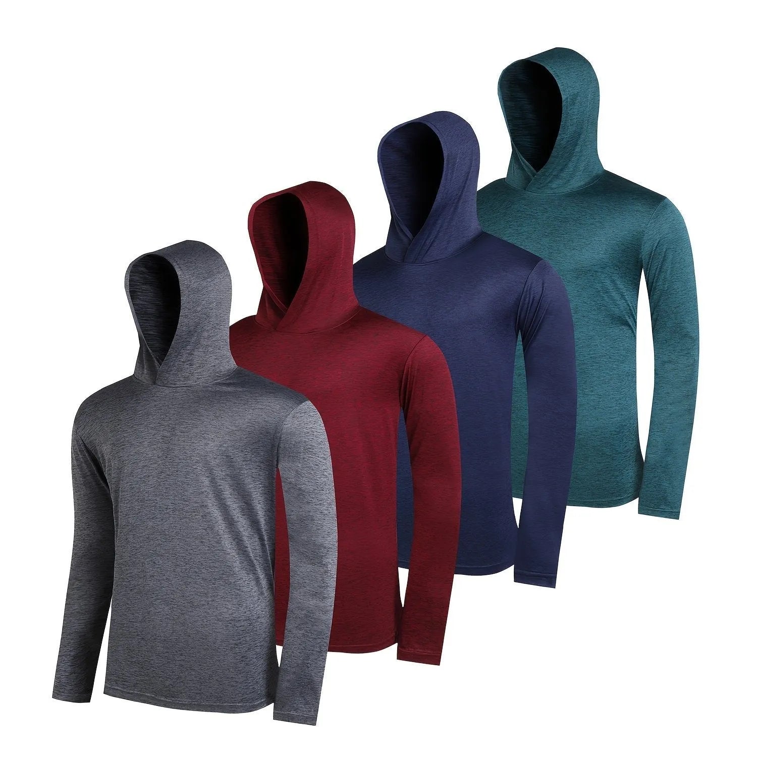Four men's lightweight polyester hoodies in different colours displayed together as a coordinated set