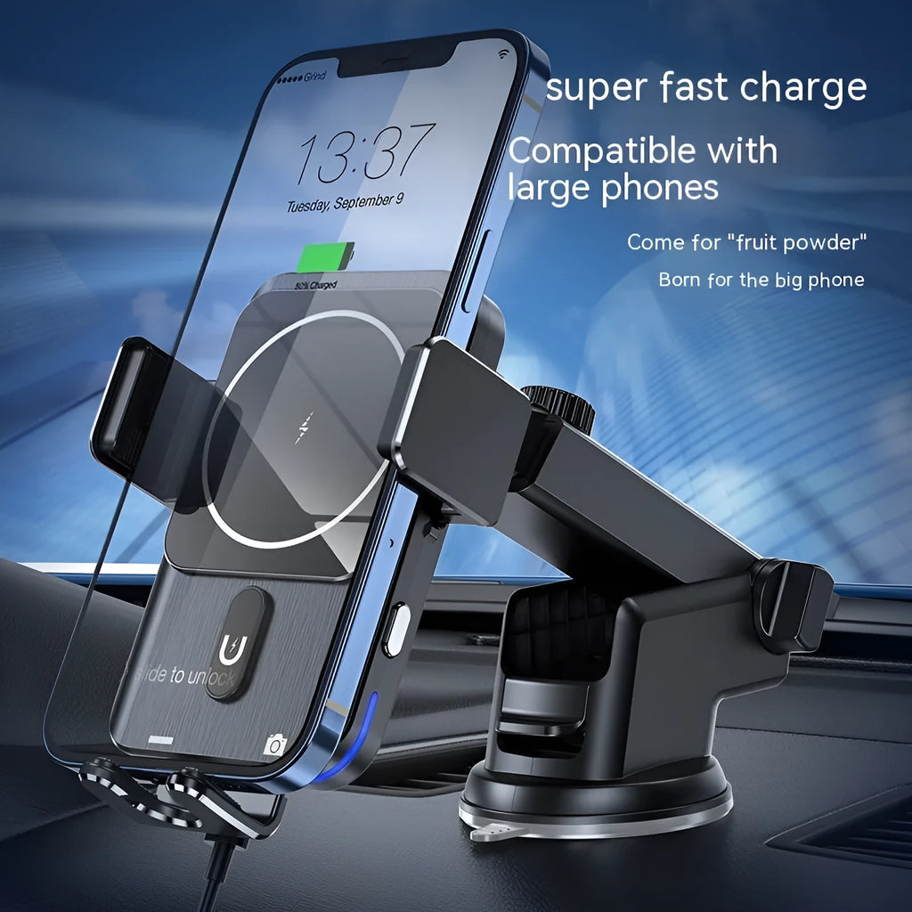 Black car wireless charger phone holder with 15W fast charging, shown with clip and suction cup mounting options.