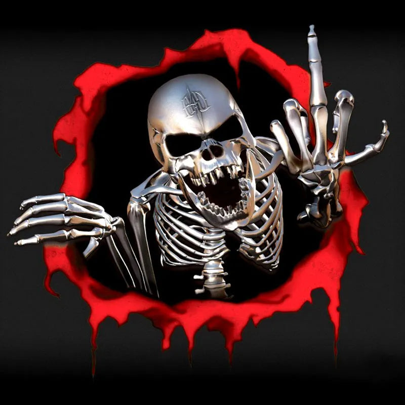 Colourful reflective metal skull bumper sticker with broken shell design measuring 15 by 14 centimetres