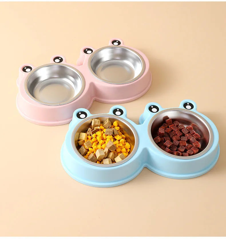 Stainless steel pet double bowl with non-slip frog base in blue, green, and pink colour options