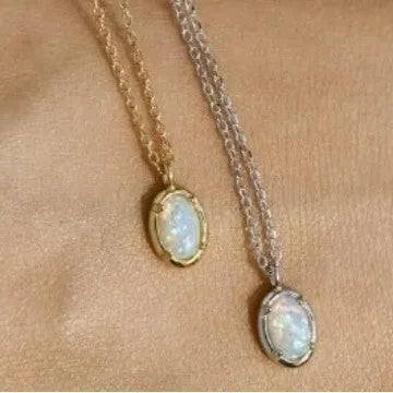 Geometric oval pendant necklace with jelly opal stone in silver setting with gold or white gold finish