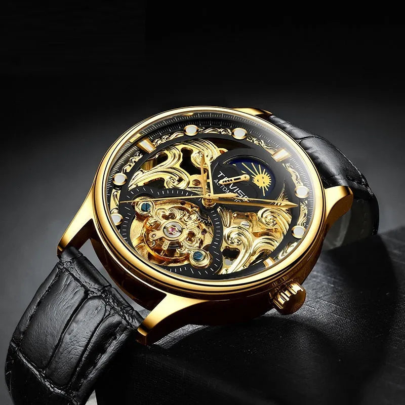 Men's automatic mechanical watch with leather strap in gold or white colour, 16mm case thickness