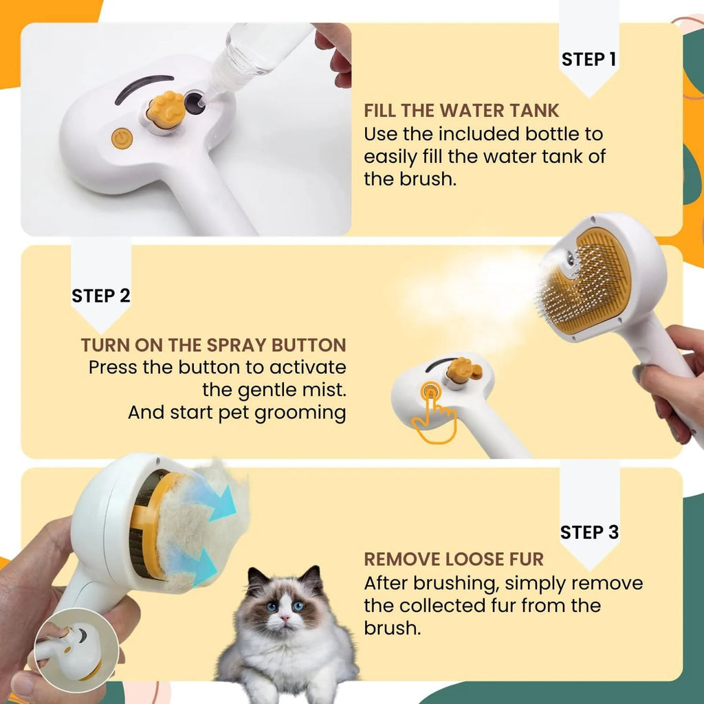 White water mist brush for dogs and cats with steel teeth, built-in water tank, and self-cleaning press for grooming.