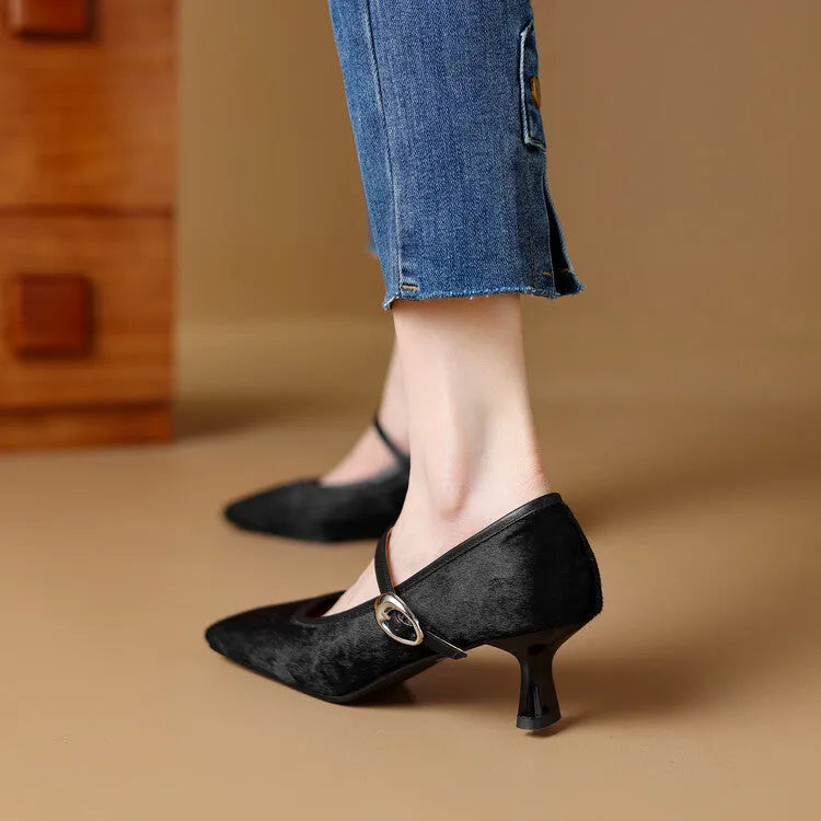 Women's black square toe stiletto ankle-strap shoes with a horse hair upper and buckle fastening.