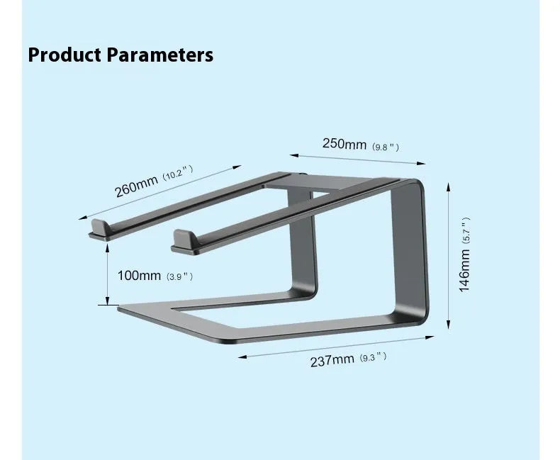 Black aluminium alloy laptop stand on a desk, showing its wide base plate and elevated height.