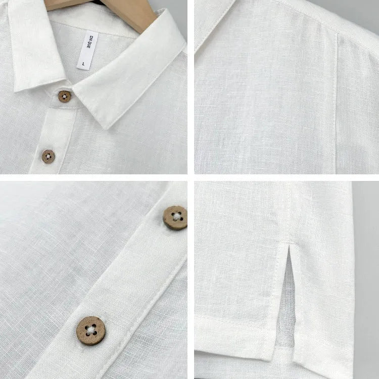 Men's loose linen top with thin lapels and short sleeves in grey green colour.