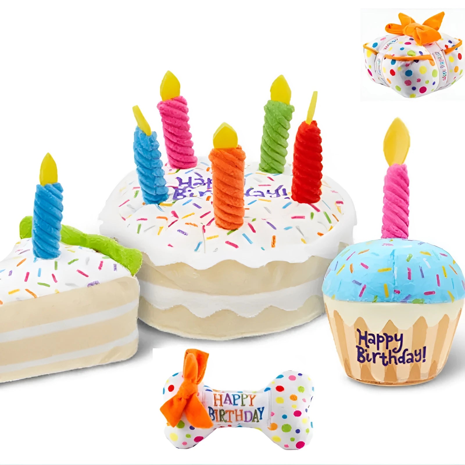 Pet plush toy dog birthday gift with squeaker in birthday cake design, 7 inches wide, soft plush material