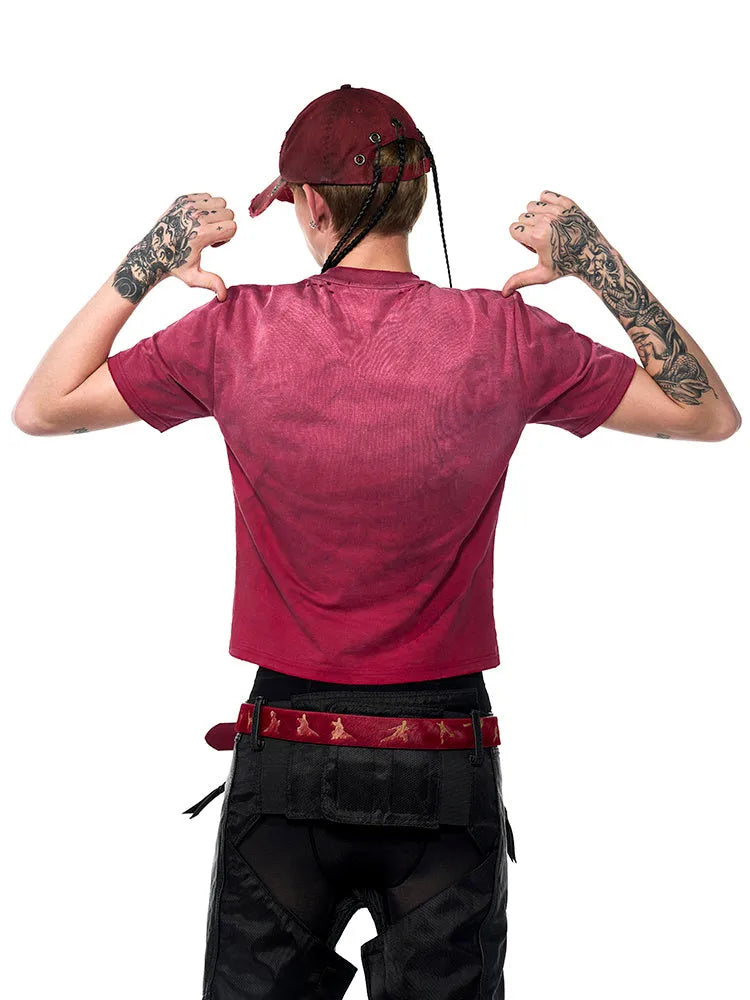 Red men's slim-fit t-shirt with distressed finish and short sleeves for summer casual wear