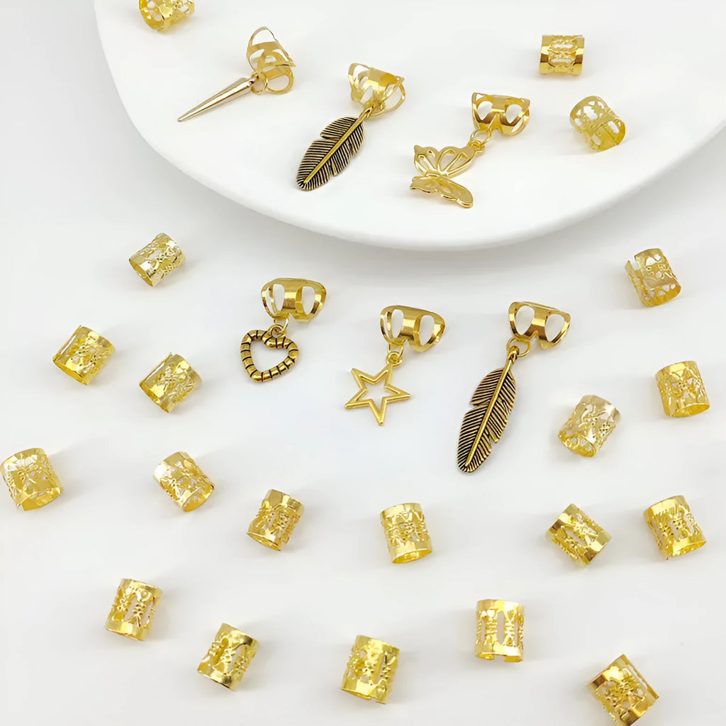 Antique style dirty braid hair rings in electroplated alloy, 26 pieces per pack in gold or silver