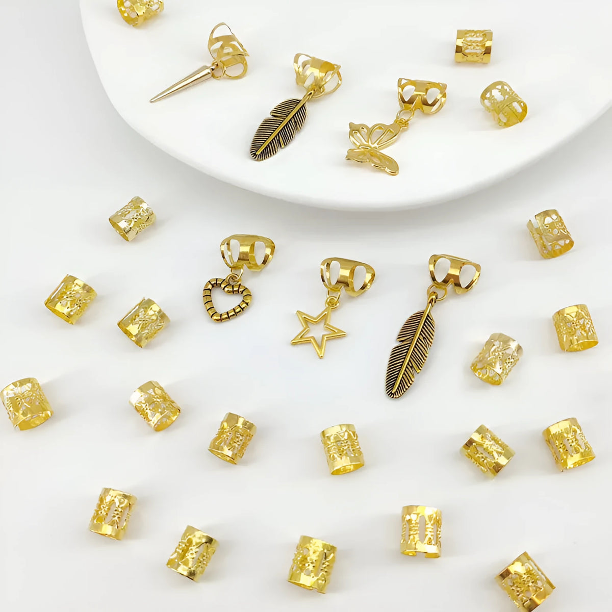 Antique style dirty braid hair rings in electroplated alloy, 26 pieces per pack in gold or silver
