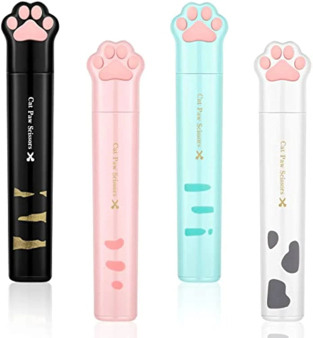 Cat paw mini folding scissors in pink, white, black, and blue colours showing closed and open positions