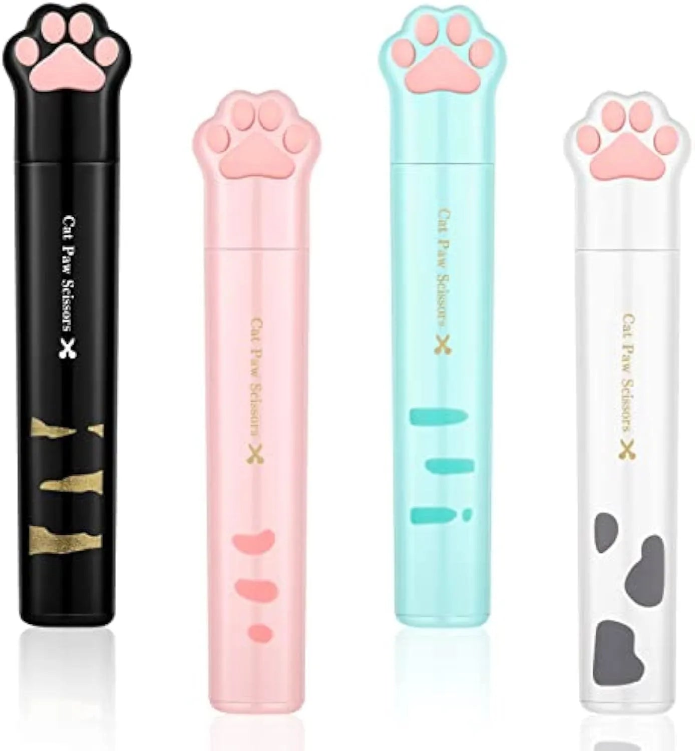 Cat paw mini folding scissors in pink, white, black, and blue colours showing closed and open positions