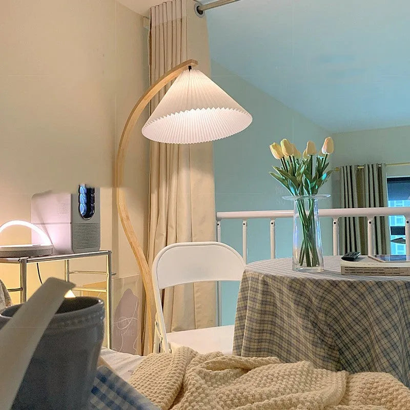 Retro vertical table lamp with fabric shade in floor-standing design for sofa edge placement