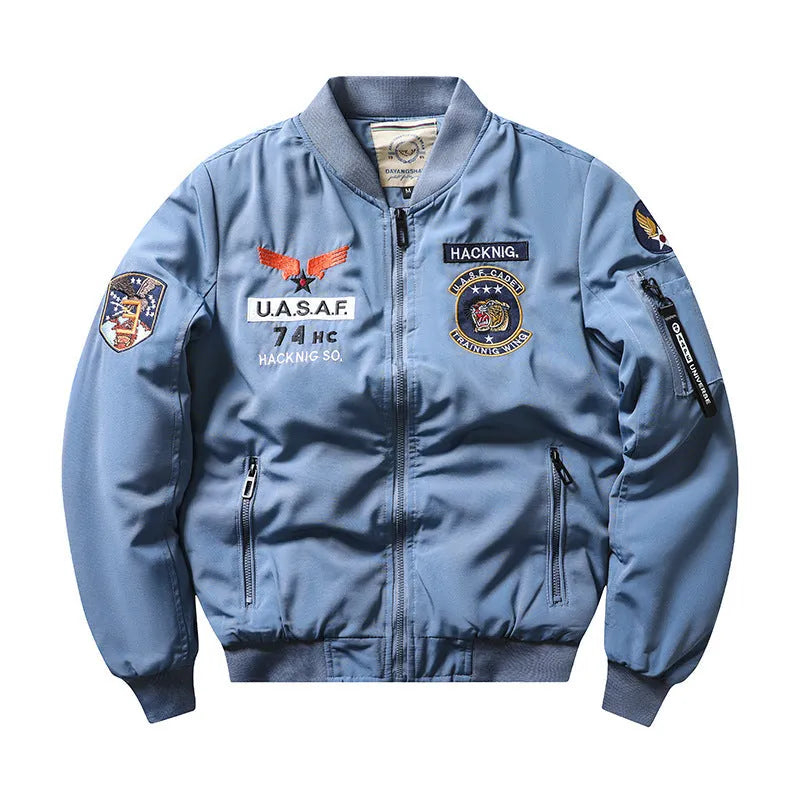 Men's slim-fit stand collar retro quilted motorcycle jacket in blue on a mannequin
