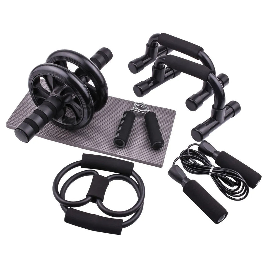 Push-up bracket fitness equipment set with seven abdominal wheels in red, green, black, and blue colour options