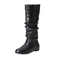 Women's flat-heel slip-on long boots in black with a round toe and high shaft.