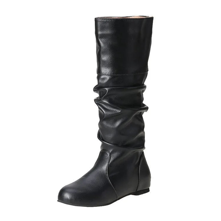 Women's flat-heel slip-on long boots in black with a round toe and high shaft.