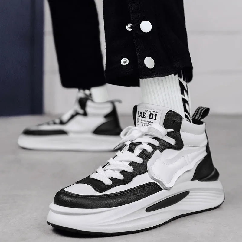 Men's black and white platform high-top board shoes with artificial PU upper and round toe