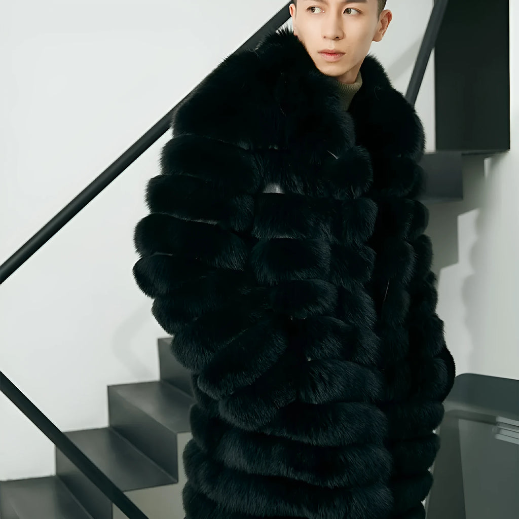 Men's real fur long fur coat in dark black with regular sleeves and pockets, winter commuting style, sizes M to 3XL