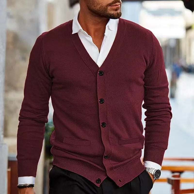 Men's slim fit acrylic cardigan sweater coat in creamy-white colour with long sleeves for autumn wear