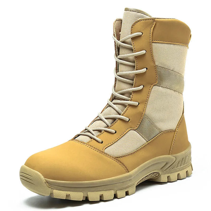 Men's plus size high-top Martin boots in black and camouflage colours with mesh upper and totem design
