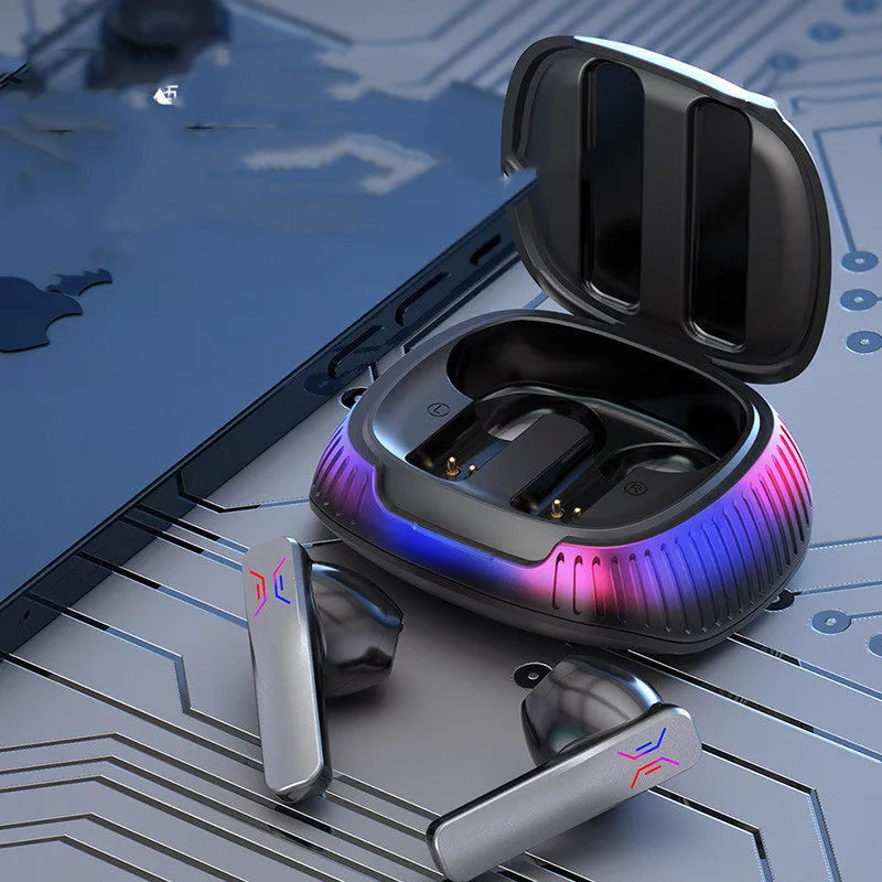 Hall Flashing wireless gaming headset in black or white with earplug design and Type-C charging cable