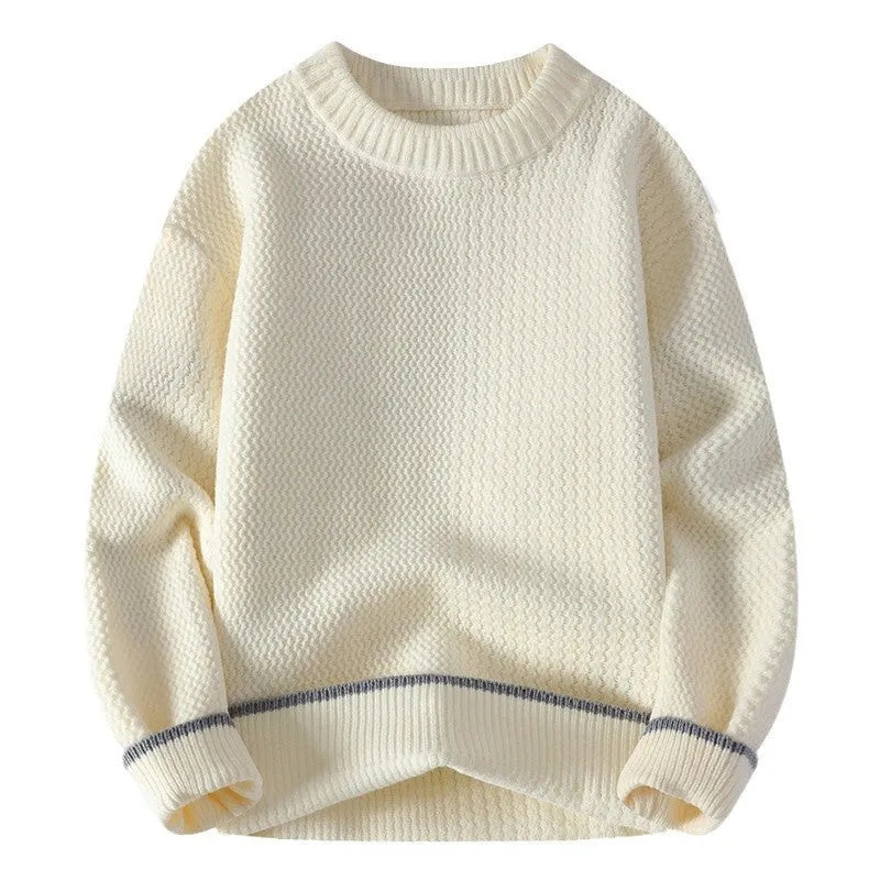 Men's loose fit round neck long sleeve pullover sweater in grey on a hanger