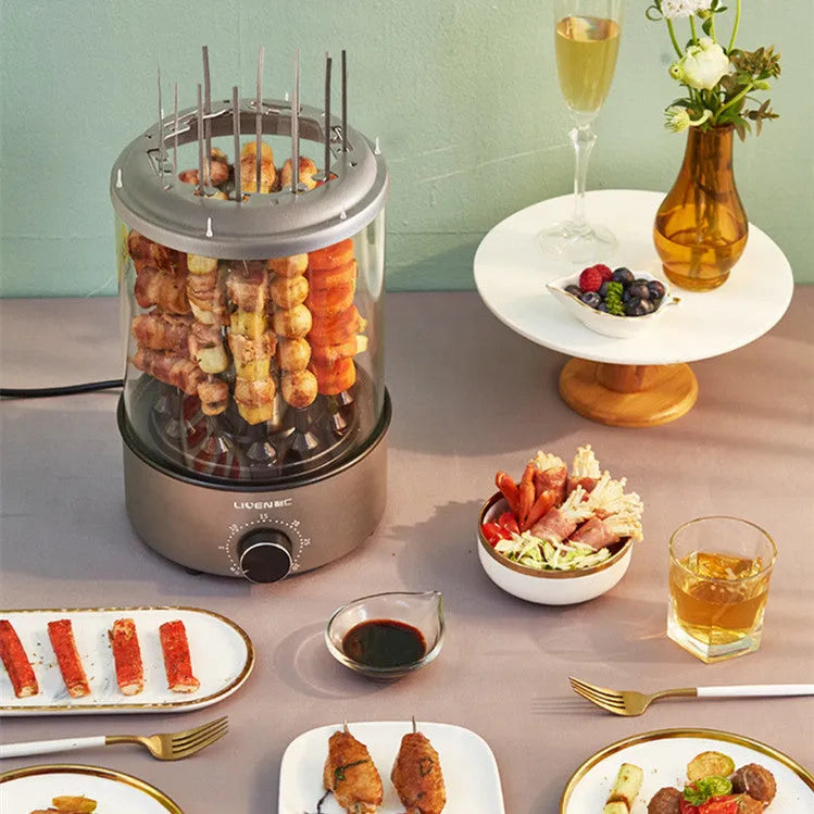 Household electric barbecue oven with automatic rotation, 1100W, 210mm diameter, 210x310mm, on countertop