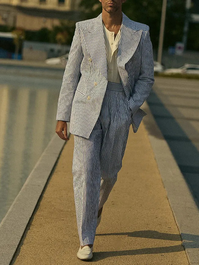 Blue and white striped women's polyester suit set with blazer and trousers