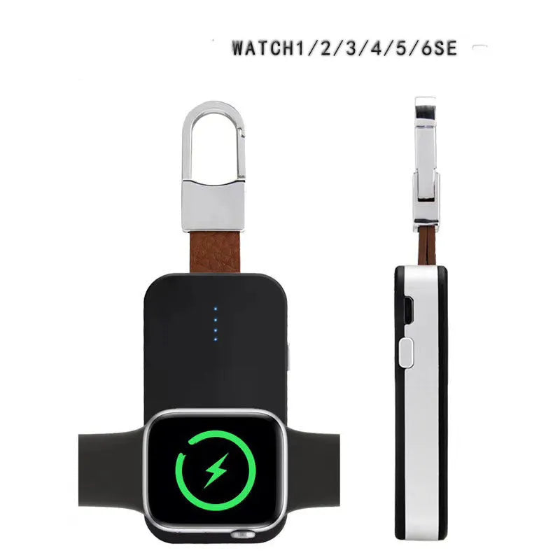 Black portable Apple Watch wireless charger with keychain loop and built-in battery