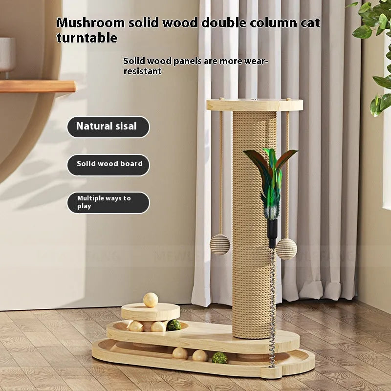 Solid wood cat turntable scratching post and climbing frame toy in a chosen style variant.