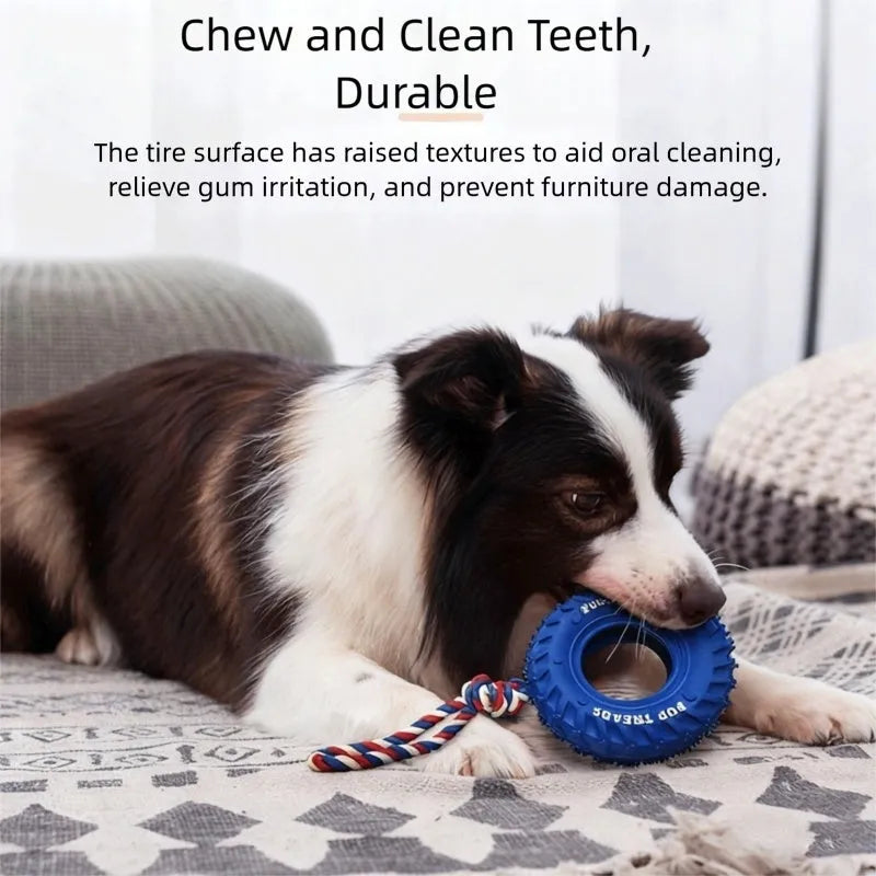 Dog chew toy with rubber tire and tug-of-war rope in black, blue, or orange for medium large aggressive chewers