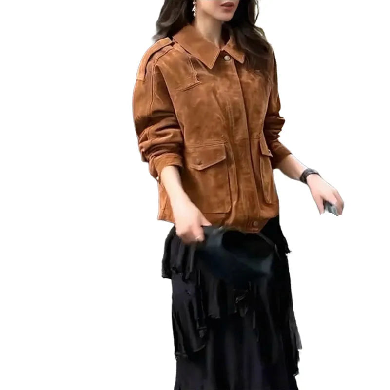 Women's bright brown suede-style street chic coat with regular sleeves on a hanger