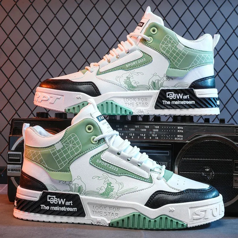 Men's beige high-top board shoes with lace-up front and rubber soles
