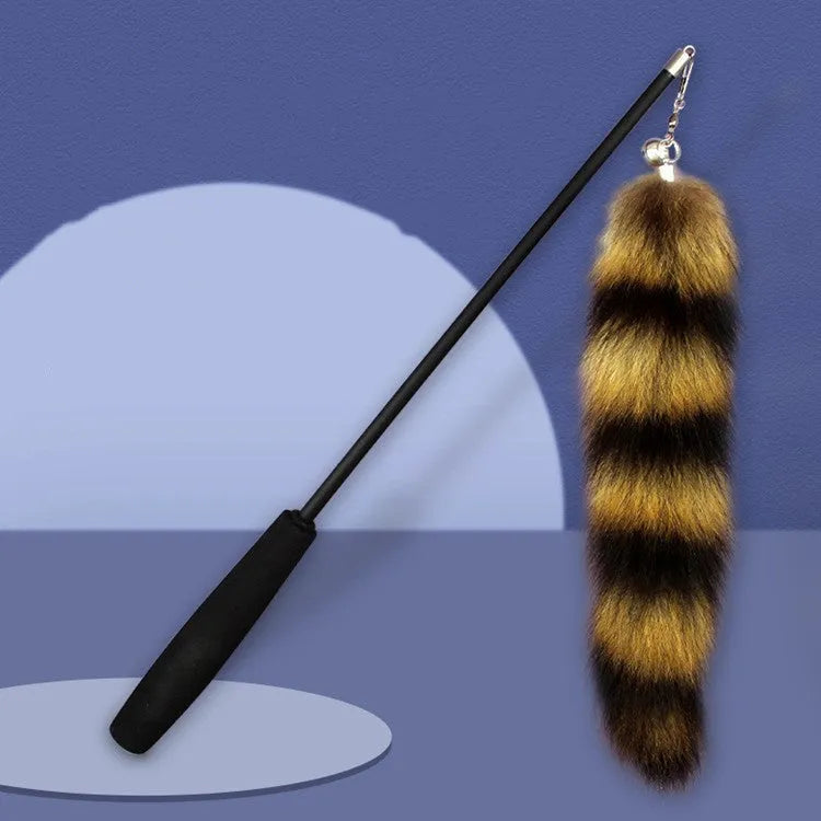 Black cat toy wand with long elastic string for interactive feline play and exercise