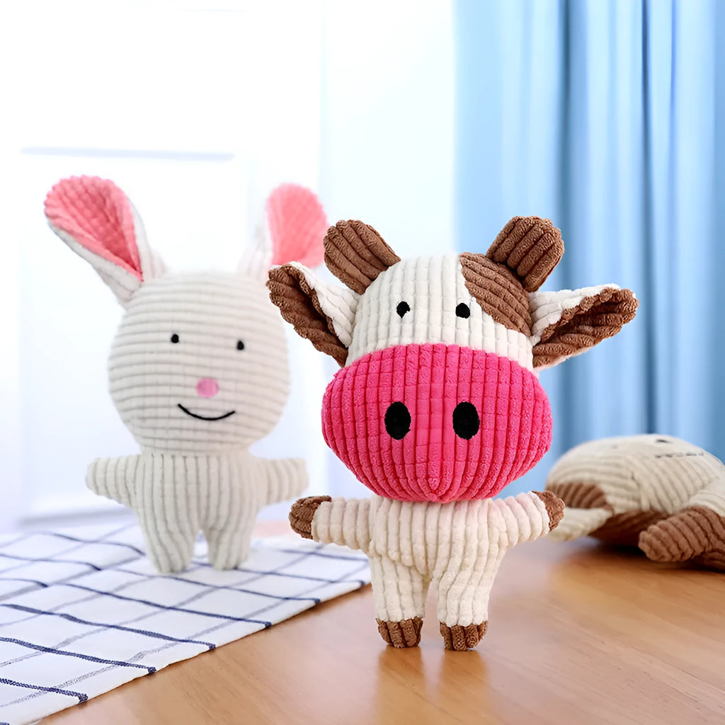 Colourful animal-shaped plush dog chew toy with squeaker for small dogs.