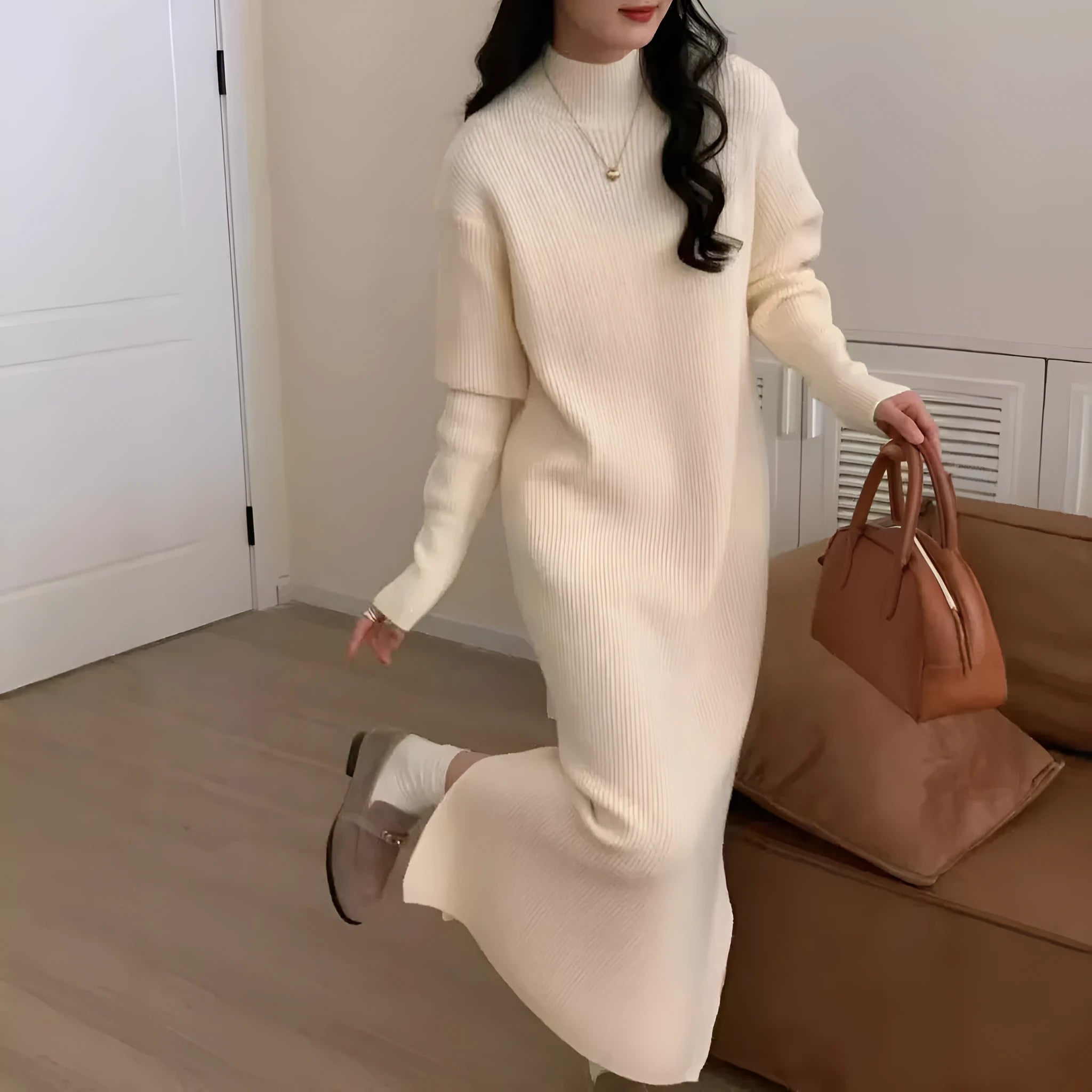 Acrylic knitted dress with half turtleneck, high waist, and mid-length skirt in five colour options