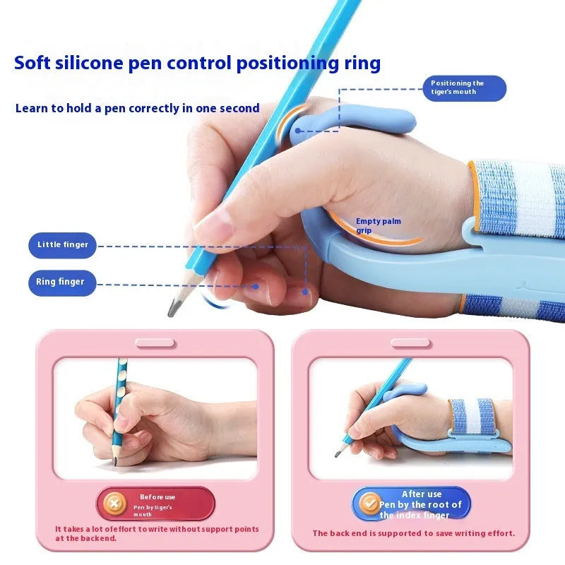 Blue anti-hook wrist brace and pen control corrector set for children's handwriting training