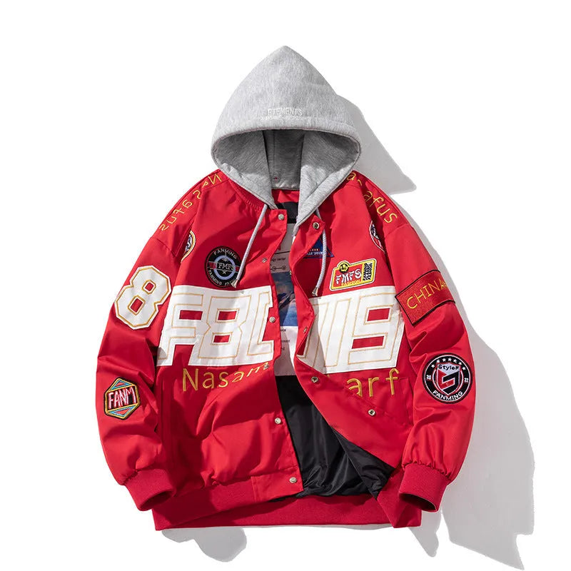 Black American motorcycle baseball uniform jacket with side pocket, shown in loose fit