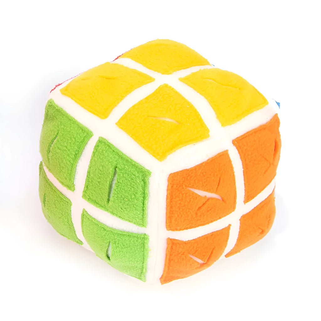 Pet Rubik's Cube sniffing toy made from polar fleece fabric, showing cube with treat compartments, for dogs and cats.