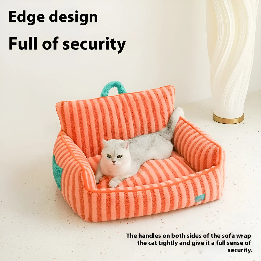Striped orange purple yellow velvet pet bed with removable cushion for small dogs cats