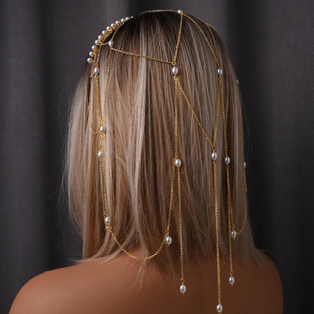 Gold or silver metal hair chain with tassel details and pearl accents for women's hairstyles